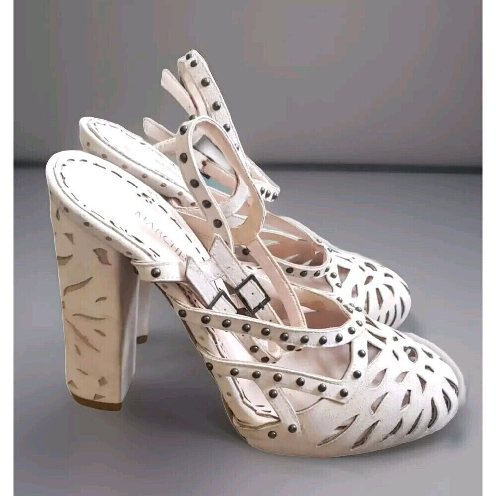 Marchesa Suede Heels Beige Pink Cut Out Studded Ankle Strap Maddie Event 6.5